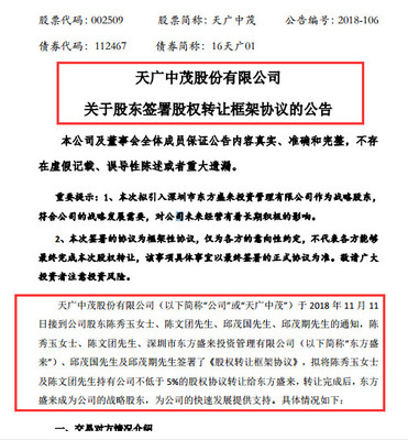 天廣中茂擬轉讓5%股權予東方盛來，午后股價漲停，聚焦實業投資